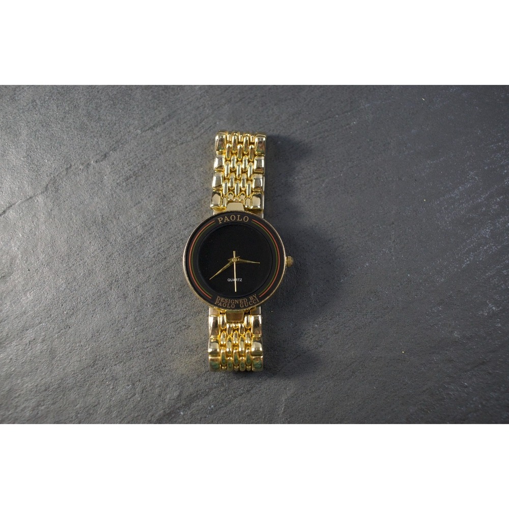 Vintage Paolo Gucci 18k Gold Plate Quartz Black Dial Watch PG209YB (NEW BATT)